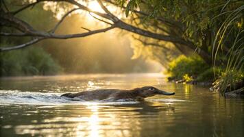 A duck swimming in a river with the sun shining photo