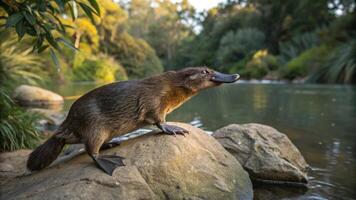 A platypus is standing on a rock in the water photo