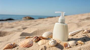 A bottle of lotion is on the sand with shells and sea shells photo
