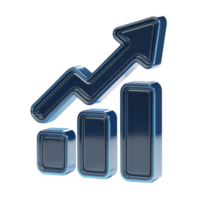 3 D Render of a Dark Blue Glossy Plastic Bar Graph Icon with an Upward Trending Arrow Isolated on a transparent background png