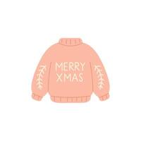 knit peach sweater with message Merry Christmas and graphic stitched branches on sleeves in simple style vector