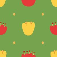 Seamless floral pattern with red and yellow flowers, and dots. Simple daisy on green background. vector
