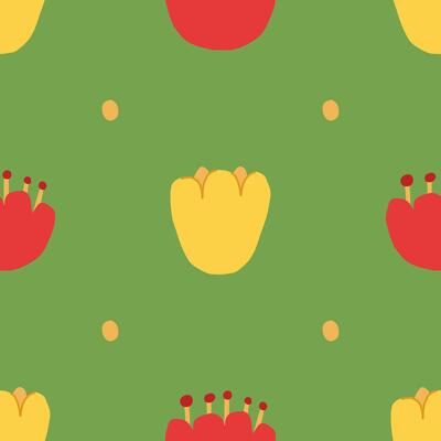 Seamless floral pattern with red and yellow flowers, and dots. Simple daisy on green background.
