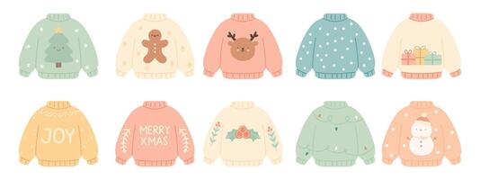 A collection of Christmas sweaters with different designs and messages vector