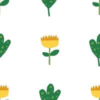 Seamless pattern with yellow flowers and green leaves. Abstract retro style with minimal and basic shapes vector