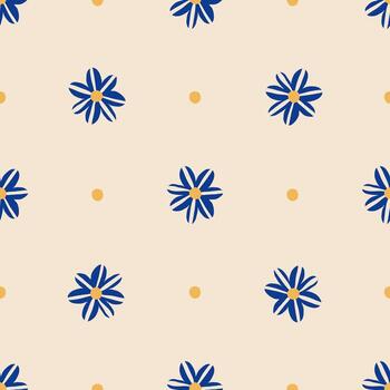 Seamless minimal flower pattern with blue petals and dots. Simple floral design on soft background vector