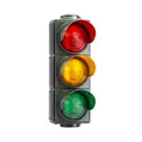 Vertical three light traffic signal system with red yellow and green illuminated indicators for vehicle and pedestrian traffic control and regulation png