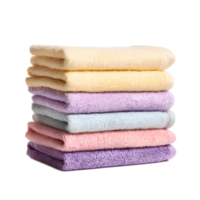 A stack of soft fluffy pastel colored towels neatly folded and arranged in a clean minimalist and visually appealing manner png