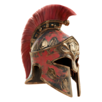 Intricate and imposing ancient Greek helmet with distinctive red crest and elaborate bronze detailing reflecting the power and discipline of the ancient warrior class png