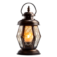 Antique style ornate metal and glass lantern lamp with a warm glowing candle flame creating a cozy and inviting ambiance png