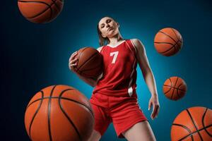 Confident Female Basketball Player in Red Uniform with Ball, Dynamic Action Portrait on Blue Background photo