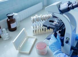 Scientist Adjusting Microscope with Petri Dishes and Test Tubes in Laboratory for Microbiology Research photo