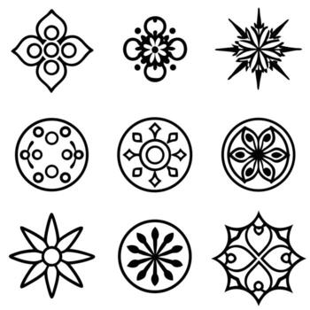 un colección de nueve simétrico, decorativo línea Arte diseños, Perfecto para utilizar en logotipos, patrones, antecedentes, o gráfico icono vector