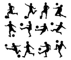 Child Soccer Silhouette Set. Collection of Kids Playing Football in Action Poses vector
