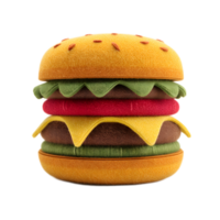 A playful and whimsical 3D render of a cheeseburger icon crafted from soft colorful felt material showcasing the classic layered design of a hamburger with a bun patty cheese lettuce and tomato png