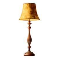 A classic ornately designed wooden table lamp with a warm textured shade creating a cozy and sophisticated ambiance in any interior space png
