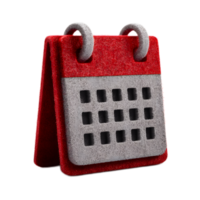 Close up view of a calendar icon made of soft textured red and gray felt material with a ring for hanging png