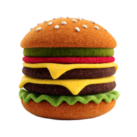 Closeup view of a detailed felt textured hamburger icon with a layered construction of a bun patty cheese lettuce and tomato png