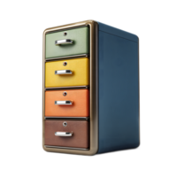 A sleek multicolored metal file cabinet with four drawers for efficient document storage and office organization png