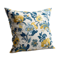 Elegant floral patterned cushion or pillow with intricate botanical design in blue white and yellow colors perfect for adding a touch of style and comfort to any interior space png