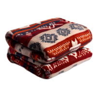 A stack of warm soft blankets with a vibrant traditional pattern creating a cozy and inviting atmosphere png