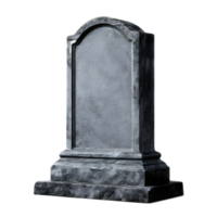 A weathered gray tombstone with an ornate carved design stands as a solemn memorial in a peaceful cemetery setting png