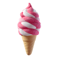 A delightful soft serve ice cream in a vibrant pink and white swirling pattern served in a classic waffle cone png