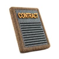 Close up view of a detailed contract document presented on a textured felt like surface with prominent CONTRACT text in orange png