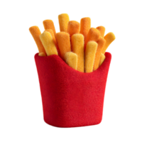 A 3D rendering of a stylized icon depicting golden French fries made from a textured felt material representing a classic and beloved snack food png