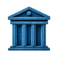 A detailed 3D rendering of a classic bank building icon created using a soft textured felt material in a deep blue color png
