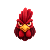 A highly stylized and expressive digital rendering of a rooster icon crafted from vibrant red felt material with a bold aggressive expression and striking details png