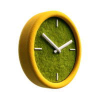 A contemporary wall clock made of felt material in a vibrant green and yellow color scheme featuring a minimalist and geometric design png