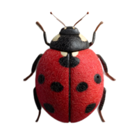 Detailed close up view of a life like three dimensional red ladybug with a black spotted shell and intricate anatomical features png