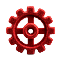A red felt gear icon symbolizing the settings controls and processing mechanisms involved in industrial technological or digital systems png