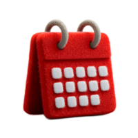 A 3D rendered calendar icon made of soft red felt material with textured tabs representing the days and months png