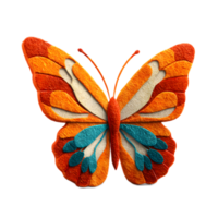 A beautifully crafted butterfly sculpture made from vibrant and textured felt material featuring intricate geometric patterns and a captivating color palette png
