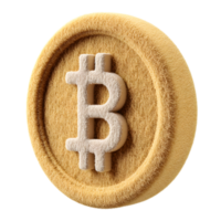 A detailed close up view of a Bitcoin cryptocurrency icon made of beige felt material showcasing the distinctive Bitcoin symbol on a soft textured surface png