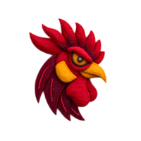 A captivating digital rendering of a bold red rooster with striking features designed as an iconic symbol crafted from textured felt material png