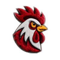 A three dimensional digital rendering of a vibrant red felt rooster icon with a bold aggressive expression symbolizing power and tenacity png