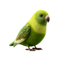 A vibrant green parakeet bird with soft fluffy plumage and a curious friendly expression perched on a surface png