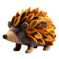 A handcrafted plush hedgehog figure nestled in a vibrant display of autumn leaves and textures evoking a peaceful and natural atmosphere png