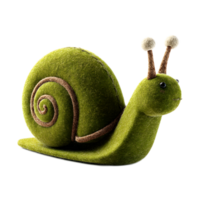 A soft plush felt snail figurine with a spiral shell in a vibrant green color designed as a whimsical and charming icon or png
