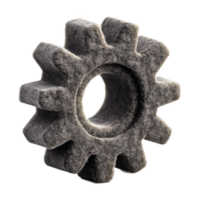 Three dimensional digital rendering of a gray felt gear or cog icon symbolizing industrial settings adjustments and the mechanical process of a technological system png