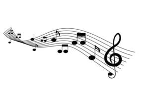 Music notes wave icon. Musical notes melody on white background. Flowing music notes on wave sheet with clef. Musical background with circle frame, web illustration. vector