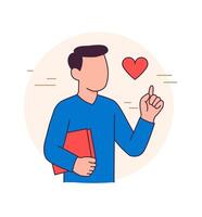 Man holding book and pointing at heart. Flat minimal illustration symbolizing passion, motivation, or education with love. vector