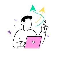 Man pointing upward with laptop. Growth and success arrow concept. Business development illustration. vector