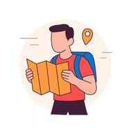 Traveler with map exploring location. Flat illustration of tourist with backpack for navigation, trip planning, or adventure theme. vector