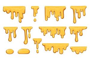 Sticky, amber liquids, drops. Dripping melted honey sweet splash collection. Golden flow syrup fluid vector