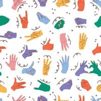 Colorful Hand gestures seamless pattern. Signs, expression pointing finger texture vector