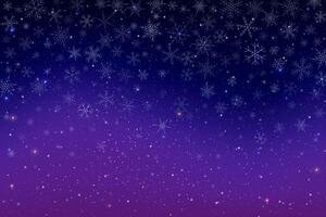 Magical winter night sky illustration with blue and purple background. Stars shine brightly snowflakes fall sparkling in cosmic space. Celestial universe glows with light creating fantasy atmosphere vector